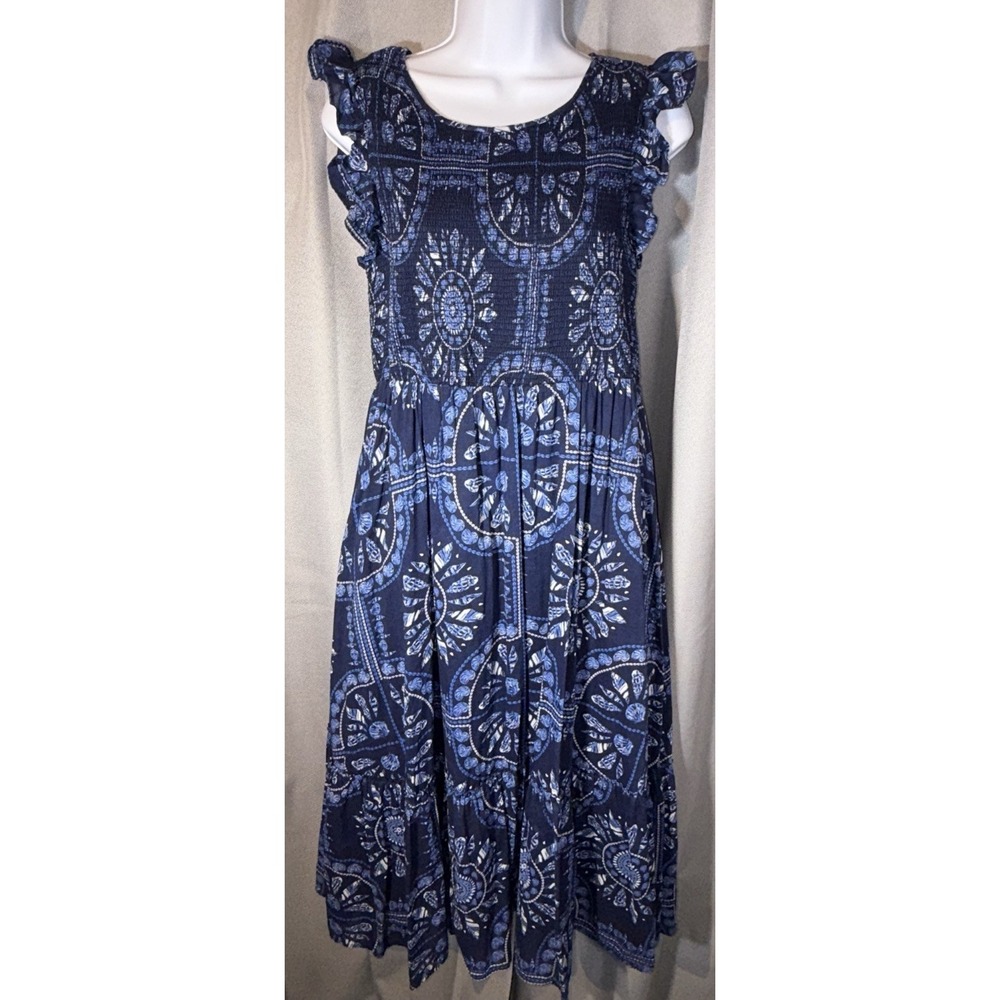 Vineyard Vines Blue Scarf Print Smocked Dress Small S Pockets Ruffle Midi
